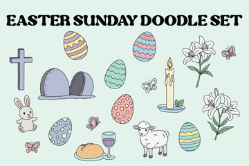 Easter Sunday Doodle Illustration Set with Religious and Spring Elements
