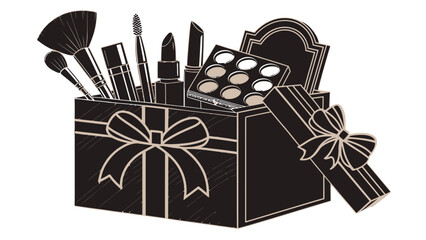 Gift box filled with various makeup products and brushes