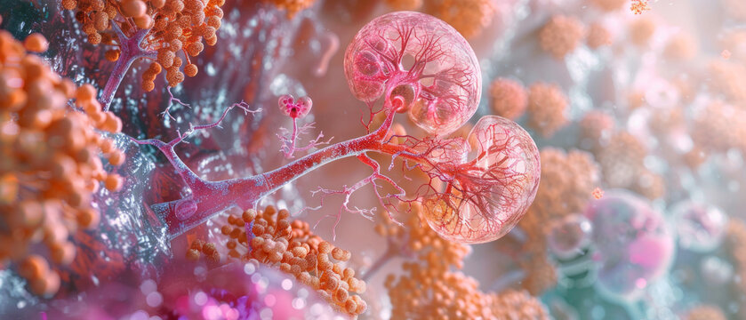 At the microscopic level, damaged renal glomeruli are shown among dangerous deposits, illustrating the consequences of chronic diseases for the medical background of educational materials.