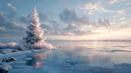 Idyllic January Frozen Lake with Solemn Christmas Tree Amid Surreal Snow and Icy Reflections