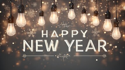 Creative Holiday Card Featuring Bold 'Happy New Year' Banner with Glowing Winter Elements and Ornamental Details