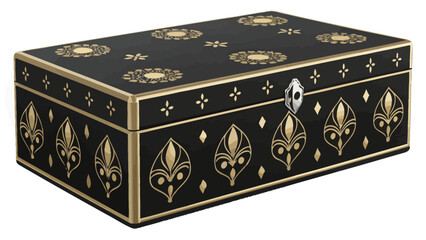 Elegant black jewelry box with gold floral designs and silver clasp