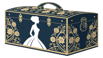 Elegant gold and navy blue vintage jewelry box with lady silhouette
