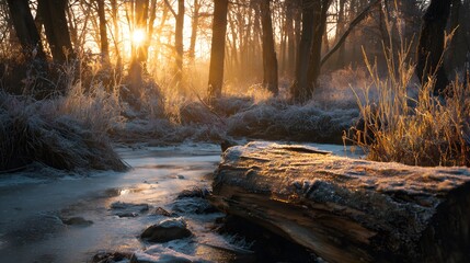 Awe-Inspiring Winter Sunrise Over a Wintry Forest and Icy River with a Weathered Log Exuding Natural Elegance for Desktop Wallpaper