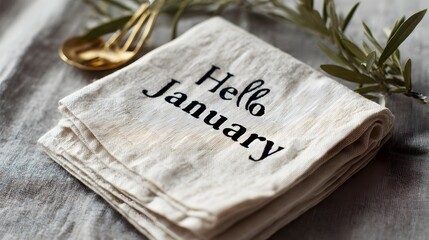 Minimalist design portraying a serene winter mood with a graceful 'Hello January' inscription on a delicate napkin, accentuating subtle festive charm and modern elegance