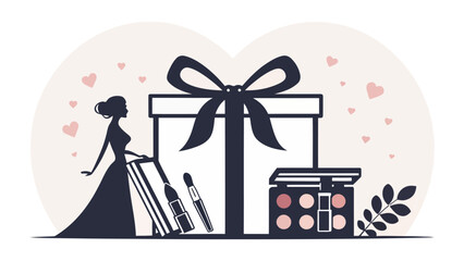 Elegant woman with shopping cart and gift surrounded by hearts