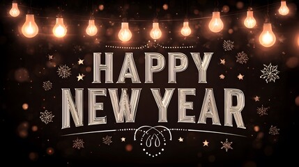 Creative Holiday Card Featuring Bold 'Happy New Year' Banner with Glowing Winter Elements and Ornamental Details