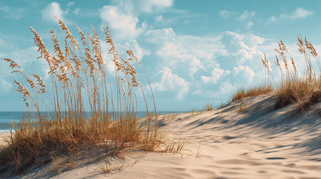 View of large sand dunes with sea oats for background
