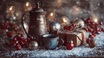 Detailed Christmas Still Life with Coffee Pot, Cup, Holiday Berries, Ornaments, and a Gift Amidst a Snow-Drifted Winter Ambience