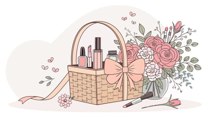 Chic gift basket filled with makeup and flowers for her