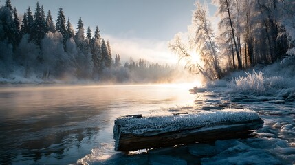 Enchanting Winter Sunrise with Frosted Log and Frozen River in a Serene Forest Landscape Ideal for Desktop Wallpaper