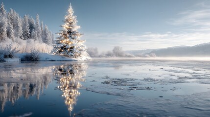 Enchanting Winter Wonderland with Christmas Tree by Frozen Lake Under Crisp January Sky