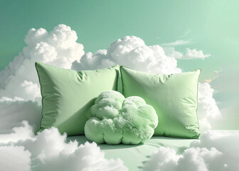 Soft, fluffy pastel green pillows against the cloudy sky, creative concept, perfect rest and relaxation.