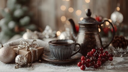Detailed Christmas Still Life with Coffee Pot, Cup, Holiday Berries, Ornaments, and a Gift Amidst a Snow-Drifted Winter Ambience