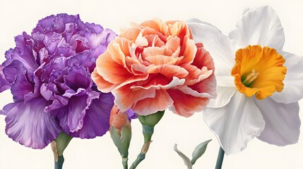 Intricately Detailed Floral Vector Illustration Featuring January Carnation, February Violet, and March Daffodil on a Pristine White Background