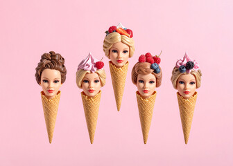 Summer holidays, ice creams of various flavors and aromas, creative concept with cones and dolls with different hair colors