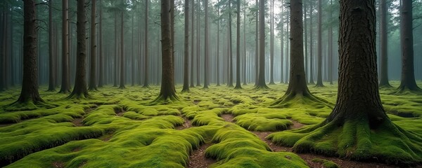 Dense old forest with tall spruce trees and thick green moss covering ground. Sun beams break through mist creating atmospheric light on forest floor. Nature ancient woodland scene.