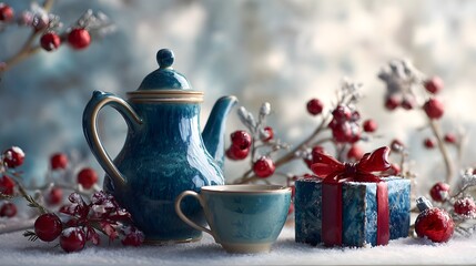 Enchanting Festive Composition Featuring a Charming Coffee Set with Berry Accents, Ornaments, and a Wrapped Present on a Snowy Winter Background