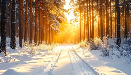 Winter wonderland snowy path through a forest with sunlight filtering through the tall trees, creating a warm glow