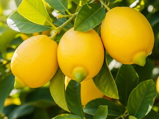 Vibrant yellow lemons ripen on a lush green tree branch under the warm sun, symbolizing freshness, natural growth, and healthy living