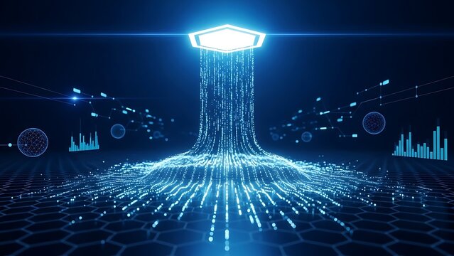 Glowing blue data visualization with hexagonal light source