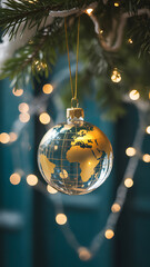 A glittering world globe ornament hangs delicately amidst soft blurred christmas lights