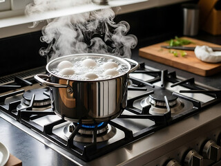 Boiling eggs in a pot of water on a gas stove, releasing steam