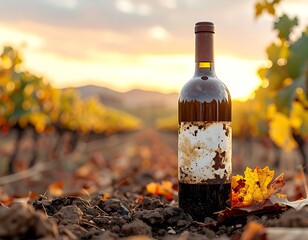 Obraz premium Wine bottle stands amid vineyard rows at sunset. Autumnal leaves lie nearby, the background blurred with distant hills