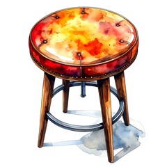Round stool with a vibrant watercolor cushion and wooden legs sits against a white backdrop