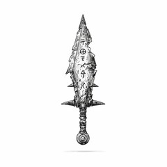 Jagged sacrificial dagger with ancient runes, dark ritual tool, hand drawn ink sketch.