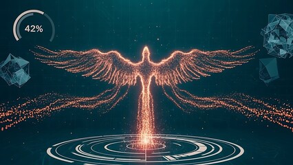 Digital art of a phoenix rising from a radiant pool