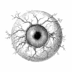 Human eyeball with gnarled tree roots, eldritch horror ingredient, hand drawn ink sketch.