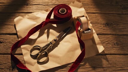 Crafting Essentials: A top-down view of the essential tools and materials for wrapping, including scissors, a roll of ribbon, and tape on a rustic, weathered wooden surface, under natural light.
