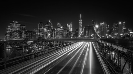 Brooklyn Bridge with Lower Manhattan skyline at night, long exposure light trails.