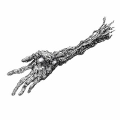 Severed human arm mutating into thorny twisted branches, cursed limb icon, hand drawn ink sketch.