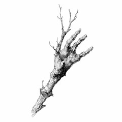 Severed human arm mutating into thorny twisted branches, cursed limb icon, hand drawn ink sketch.