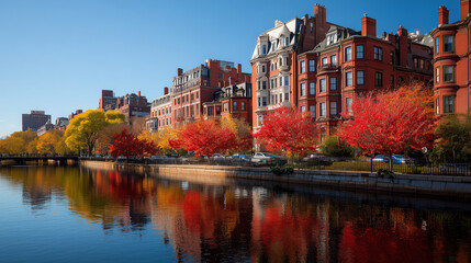 Boston Back Bay buildings in autumn foliage along the Charles River for background