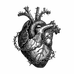 Human heart bound by rusted iron chains, dark magic symbol, hand drawn ink sketch.