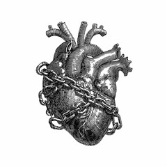 Human heart bound by rusted iron chains, dark magic symbol, hand drawn ink sketch.