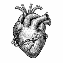Human heart bound by rusted iron chains, dark magic symbol, hand drawn ink sketch.