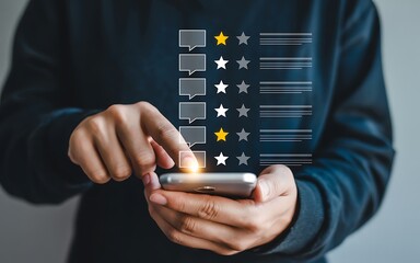 Person using smartphone with review and rating interface