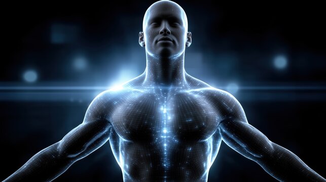 Mystical glowing man silhouette with radiant heart and digital particles on dark background. Symbol of spirituality, harmony, meditation, inner energy, and balance of mind and body