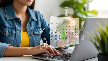 Woman Organizing Schedule with Digital Calendar Interface