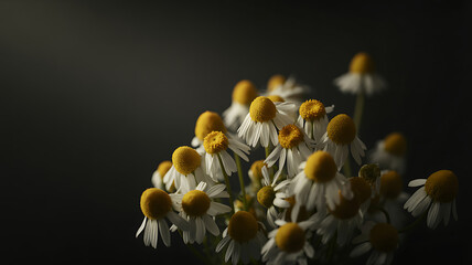 A delicate cluster of chamomile flowers with white petals and bright yellow centers