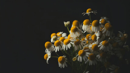 Delicate chamomile flowers bloom against a dark moody backdrop showcasing natural beauty