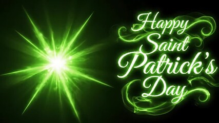 Happy saint patricks day green neon text with shining star on black background