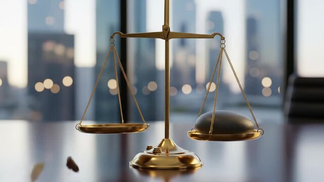 A brass balance scale displays different weights on its pans, symbolizing justice and balance.