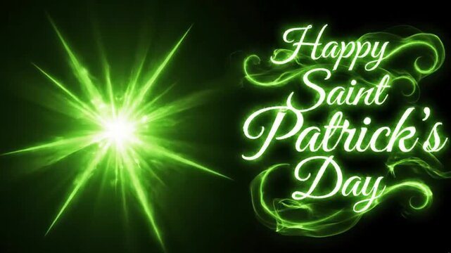 Happy saint patricks day green neon text with shining star on black background