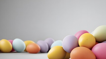 A vibrant collection of pastel-colored Easter eggs arranged on a clean, minimalist background