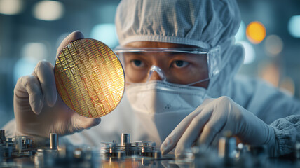 ウェーハを丁寧に検査する技術者の静かな作業風景